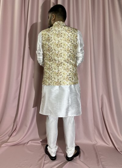 Cream and White Mehndi Silk Kurta Payjama With Jacket