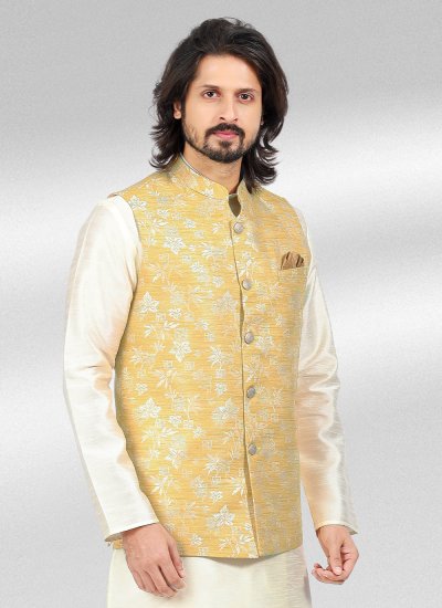 Cream and Yellow Ceremonial Banarasi Jacquard Kurta Payjama With Jacket