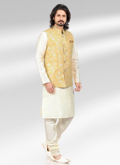 Cream and Yellow Ceremonial Banarasi Jacquard Kurta Payjama With Jacket