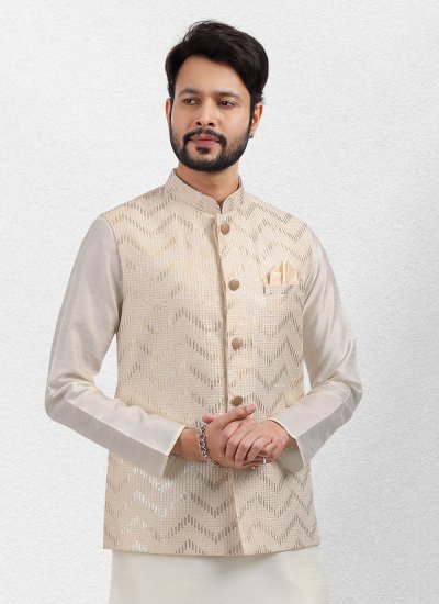 Cream Art Banarasi Silk Kurta Payjama With Jacket