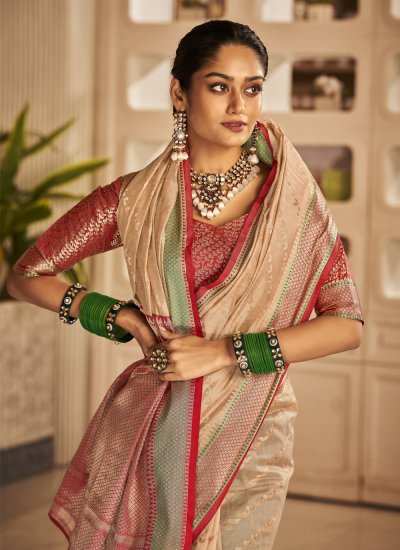 Cream Banarasi Silk Trendy Saree