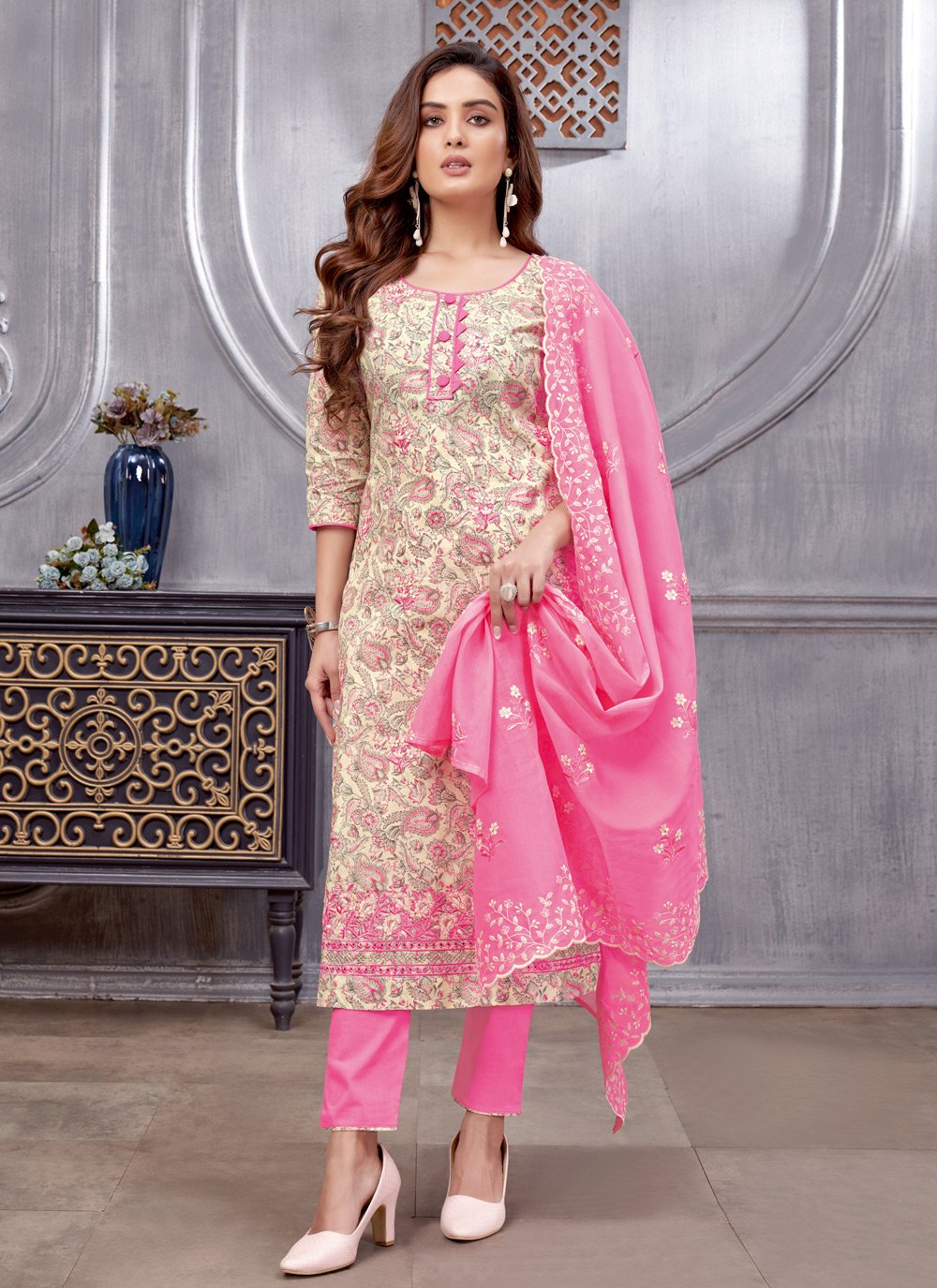 cream embroidered pant style suit 232474