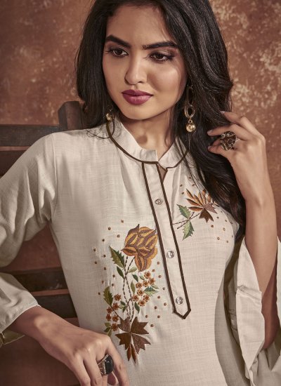 Cream Embroidered Party Wear Kurti