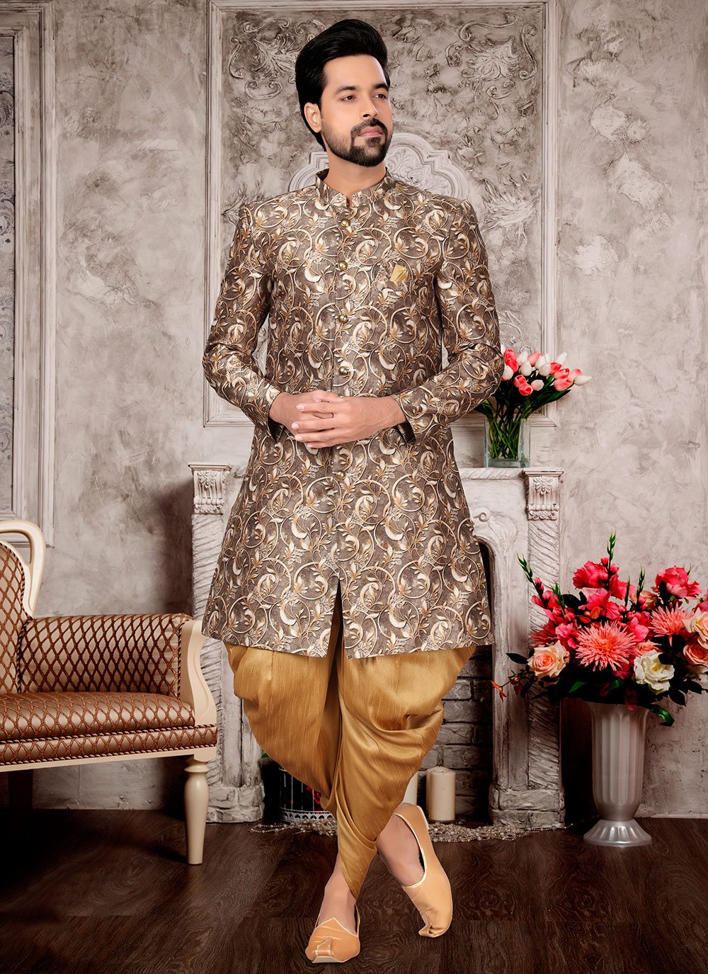 Outfit details: grey silk sherwani with completely hand embroidery, along  with matching trousers and kanduva. Check out the most adorable… | Instagram