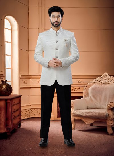 Cream Jacquard Engagement Jodhpuri Suit