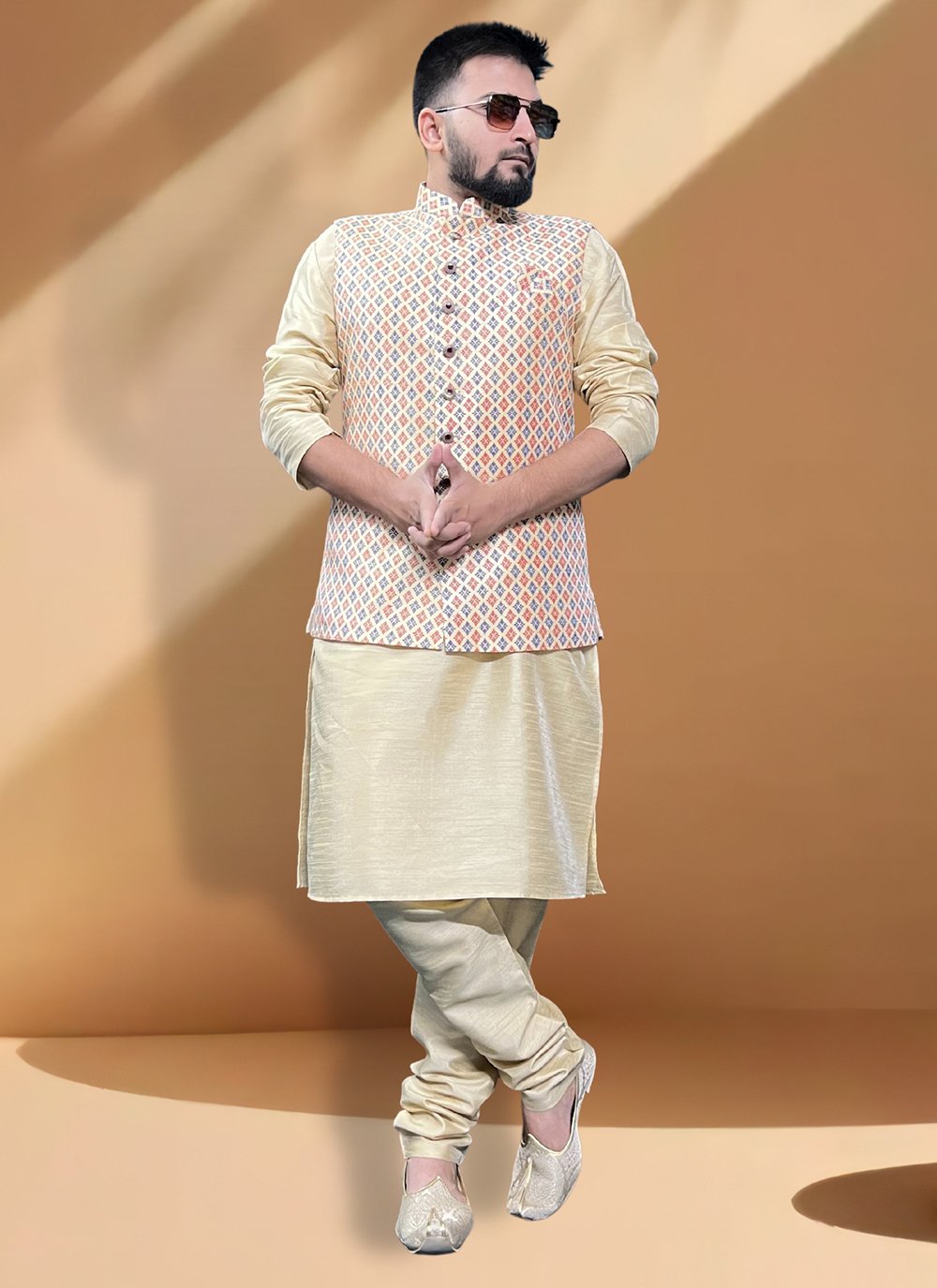 SareeSaga Cream Jacquard Fancy Nehru Jackets