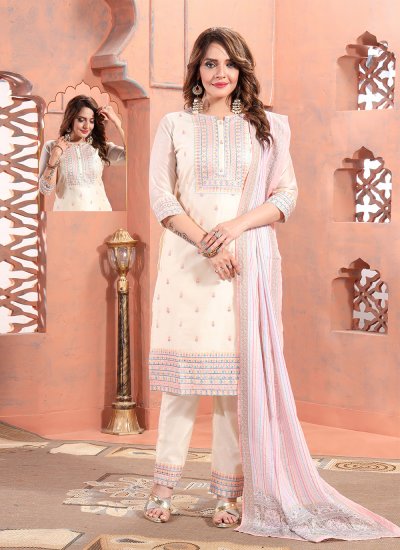 Cream Resham Chanderi Silk Trendy Salwar Kameez