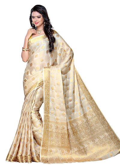 Cream Zari Mehndi Designer Traditional Saree