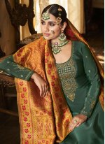 Crepe Silk Embroidered Salwar Suit in Green