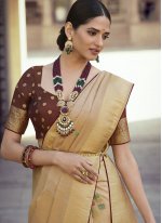 Customary Beige Weaving Trendy Saree