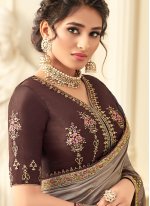 Customary Brown Embroidered Silk Trendy Saree