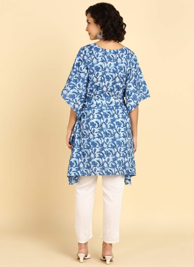 Customary Cotton Printed Blue Designer Kurti