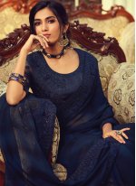 Customary Georgette Navy Blue Embroidered Trendy Saree