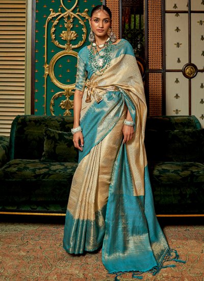 Customary Handloom silk Blue Weaving Trendy Saree