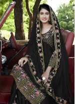 Customary Satin Black Embroidered Designer Pakistani Suit