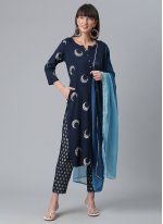 Cute Foil Print Navy Blue Rayon Readymade Salwar Suit