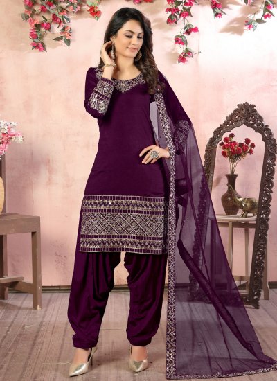 Cute Purple Resham Art Silk Designer Patiala Suit