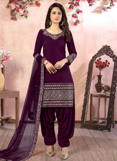 Cute Purple Resham Art Silk Designer Patiala Suit