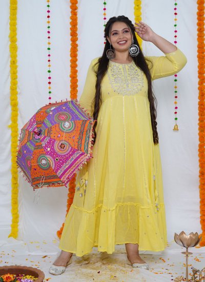 Cute Yellow Cotton Designer Gown