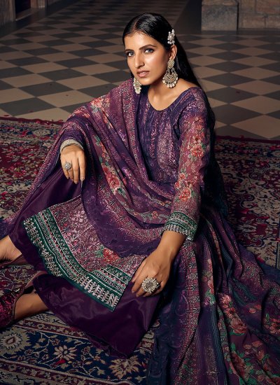 Dainty Digital Print Purple Georgette Straight Salwar Suit