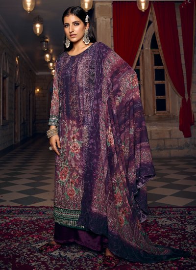 Dainty Digital Print Purple Georgette Straight Salwar Suit