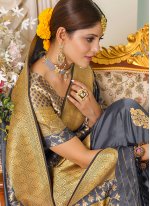 Dainty Weaving Grey Banarasi Silk Designer Traditional Saree