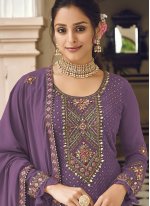 Dashing Faux Georgette Embroidered Purple Long Length Salwar Kameez