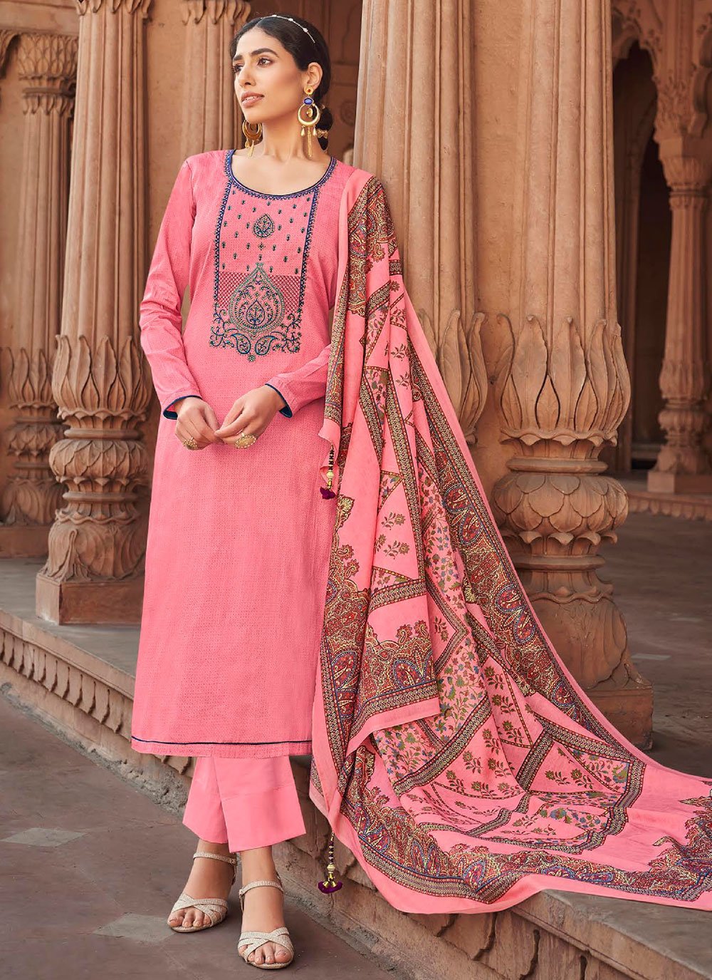 Buy Fancy Fabric Beige Weaving Palazzo Salwar Suit Online