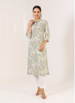 Dazzling Off White Printed Cotton Pant Style Suit