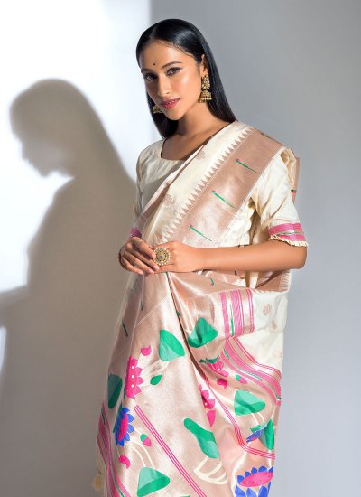 Dazzling Weaving Off White Banarasi Silk Designer Traditional Saree