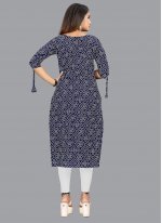 Delectable Faux Crepe Printed Navy Blue Party Wear Kurti
