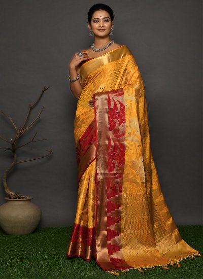 Delectable Handwork Yellow Traditional Saree