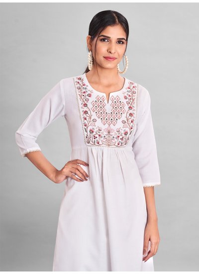 Delectable Rayon Wine Embroidered Casual Kurti