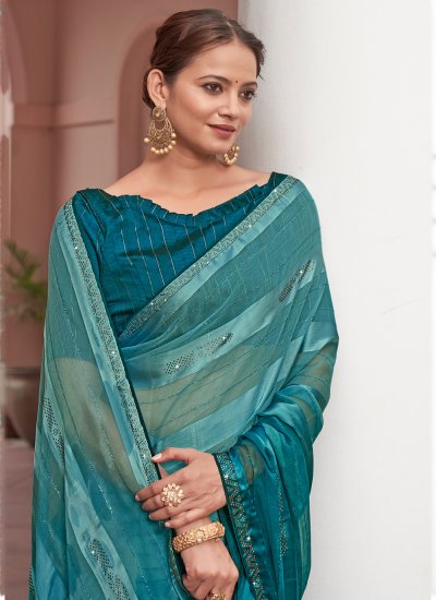 
                            Delectable Sequins Turquoise Chiffon Contemporary Saree