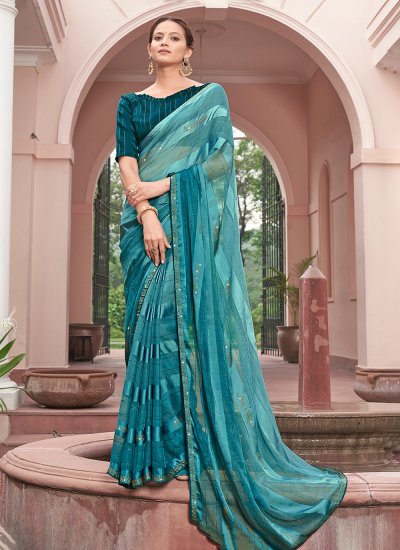 Delectable Sequins Turquoise Chiffon Contemporary Saree
