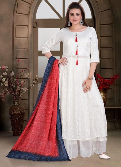 Delightful Chinon White Embroidered Readymade Salwar Suit