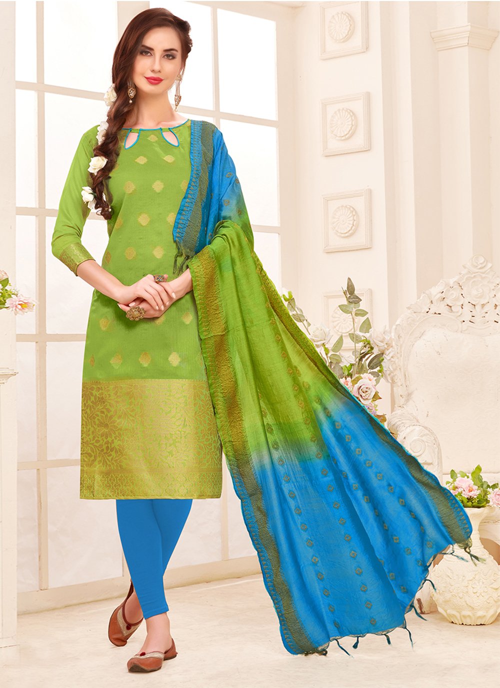 delightful green banarasi silk pakistani straight suit 196813