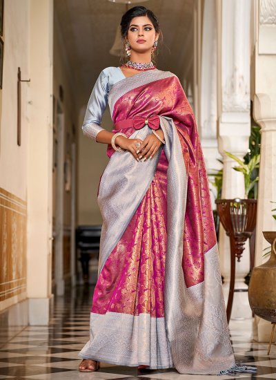 Delightsome Jacquard Work Banarasi Silk Grey and Purple Contemporary Style Saree