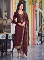 Demure Chinon Brown Embroidered Pant Style Suit