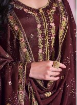 Demure Chinon Brown Embroidered Pant Style Suit