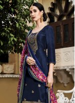 Demure Embroidered Jacquard Silk Navy Blue Designer Pakistani Suit