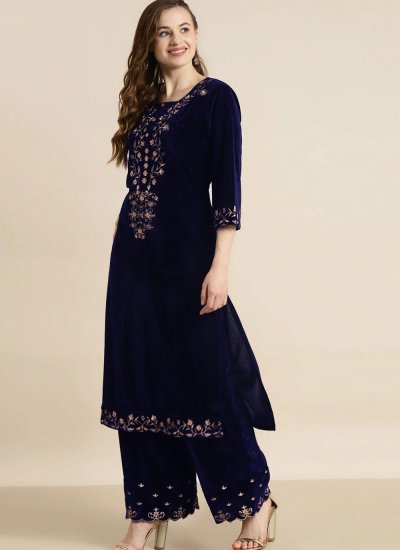 Demure Embroidered Navy Blue Party Wear Kurti