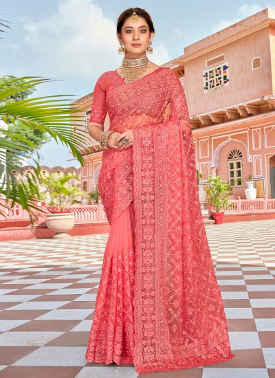 Demure Embroidered Pink Net Classic Saree