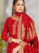 Demure Red Woven Art Banarasi Silk Pant Style Suit