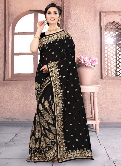 Demure Vichitra Silk Black Embroidered Classic Saree