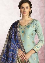 Deserving Blue Print Banarasi Silk Churidar Designer Suit