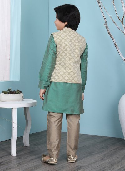 
                            Deserving Cotton Silk Printed Beige and Green Kurta Payjama With Jacket