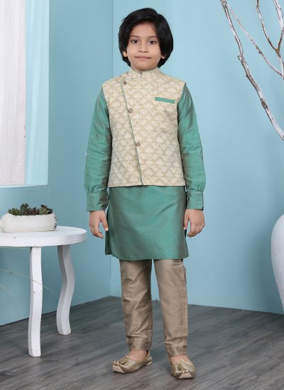 Deserving Cotton Silk Printed Beige and Green Kurta Payjama With Jacket