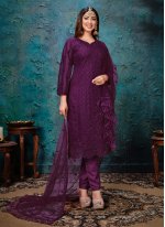 Deserving Net Embroidered Purple Pant Style Suit