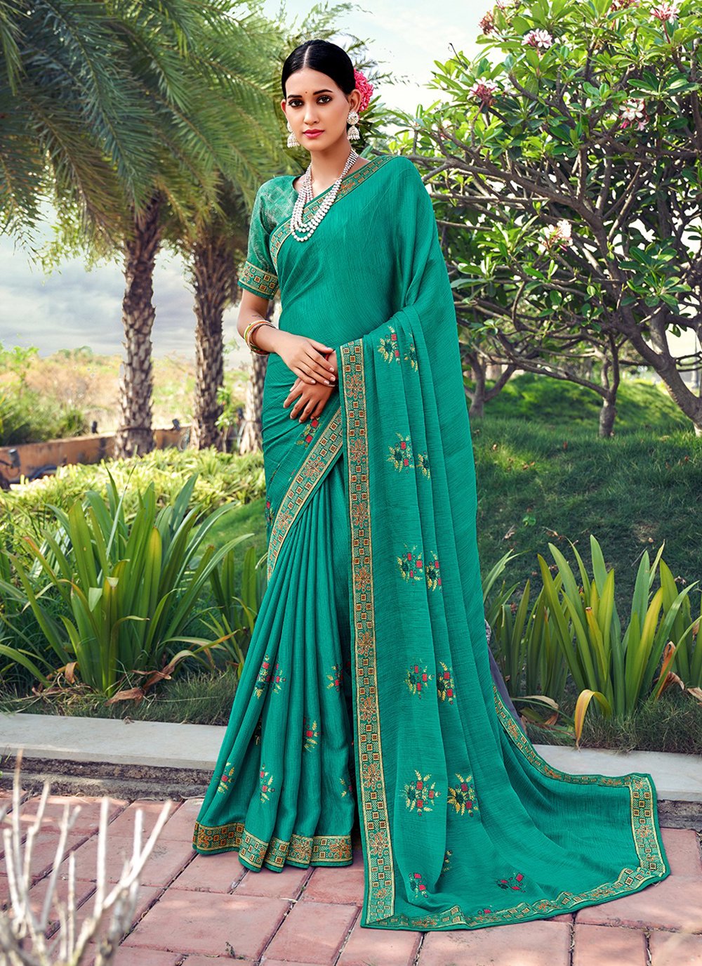 Printed Silk Bottle Green Saree